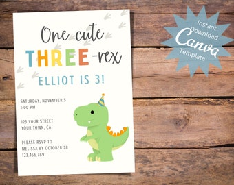 Three Rex Birthday Invitation, Dinosaur Invitation, Boys 3rd Birthday, Cute Dino Invite, T-Rex Third Birthday, Instant Download Template
