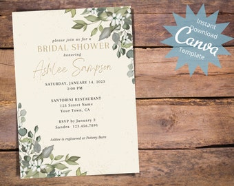 Editable Bridal Shower Invitation, Champagne Eucalyptus Greenery, Neutral Wedding Shower, Greenery Bridal Shower, Instant Download Template