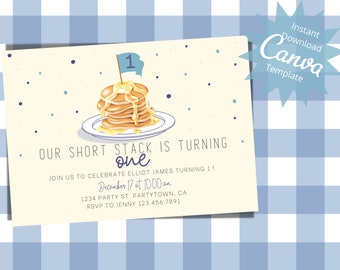 Editable Pancake Birthday Invitation, Shortstack Invite, Pancake Breakfast Birthday, Brunch, Boys Bday, Any Age,  Instant Download Template