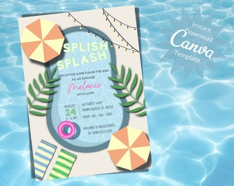 Editable Pool Party Invitation, Pool Shower Digital Invite, Pool Party Girl Birthday, Summer Party Invite, Sprinkle Invite, Instant Download
