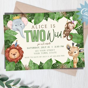 Two Wild Birthday Invitation, Safari 2nd Birthday Invite, Jungle Animal Birthday Invite, Gender Neutral Birthday,  Editable Instant Download