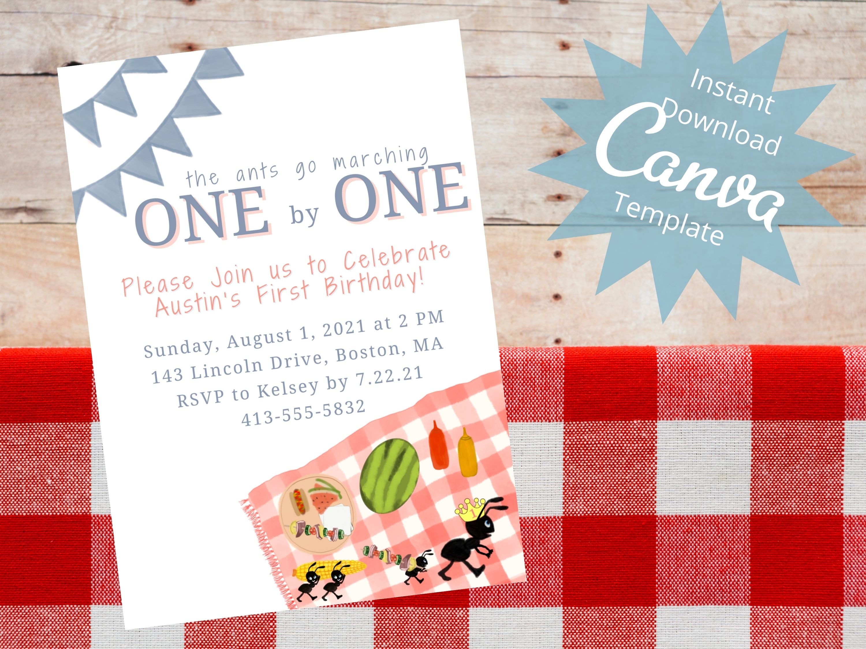 Editable Kids Birthday Invitation, Ants Go Marching Party Invitation, Birthday Party Invite,Picnic Party, Customizable, Instant Download