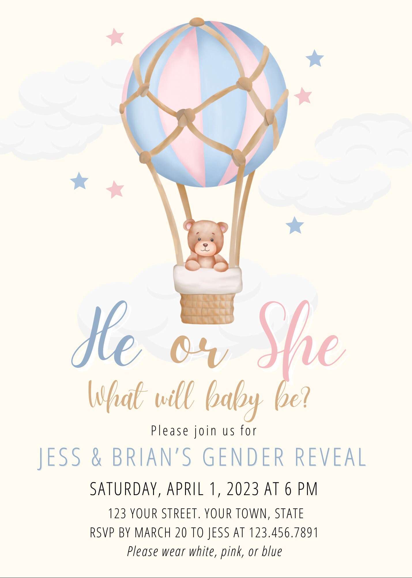 Hot Air Balloon Gender Reveal Invitation, Teddy Bear Gender Reveal ...