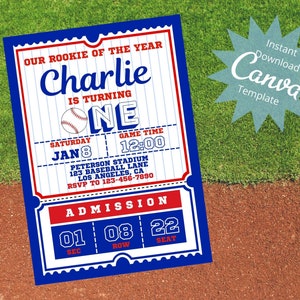 Editable Kids Birthday Invitation, 1st Birthday, Rookie of the Year, Baseball Theme Event, Instant Download