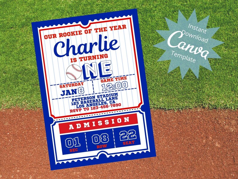 Editable Kids Birthday Invitation 1st Birthday Rookie of the Year Baseball Theme Event Instant Download