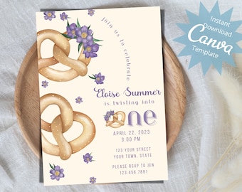 Pretzel 1st Birthday Invitation, Pretzels and Flowers Invite, Twisting into One Birthday Invite, Printable Editable Instant Download