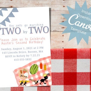 Editable Kids Birthday Invitation, 2nd Birthday, Ants Go Marching Party Invitation, Birthday Party Invite,Picnic Party, Instant Download