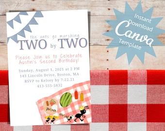 Editable Kids Birthday Invitation, 2nd Birthday, Ants Go Marching Party Invitation, Birthday Party Invite,Picnic Party, Instant Download