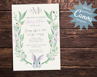 Invitación de baby shower de conejito, invitación de baby shower de primavera, invitación de baby shower de Pascua, invitación con monograma floral de conejito, plantilla de descarga instantánea