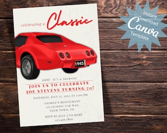 Editable Classic Car Invitation, Customizable Invitation, Vintage Car Birthday, Celebrating a Classic, Red Corvette, Instant Download