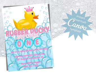 Editable Kids Birthday Invitation, Baby Girl 1st Birthday, Pink Rubber Ducky Party, First Bday Event, Instant Download
