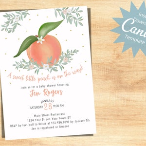 Sweet Little Peach Baby Shower Invitation, Peach Baby Shower, Watercolor Peach, Sweet as a Peach, Editable Instant Download Template