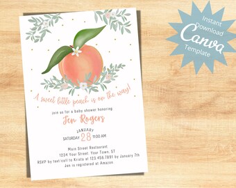 Sweet Little Peach Baby Shower Invitation, Peach Baby Shower, Watercolor Peach, Sweet as a Peach, Editable Instant Download Template