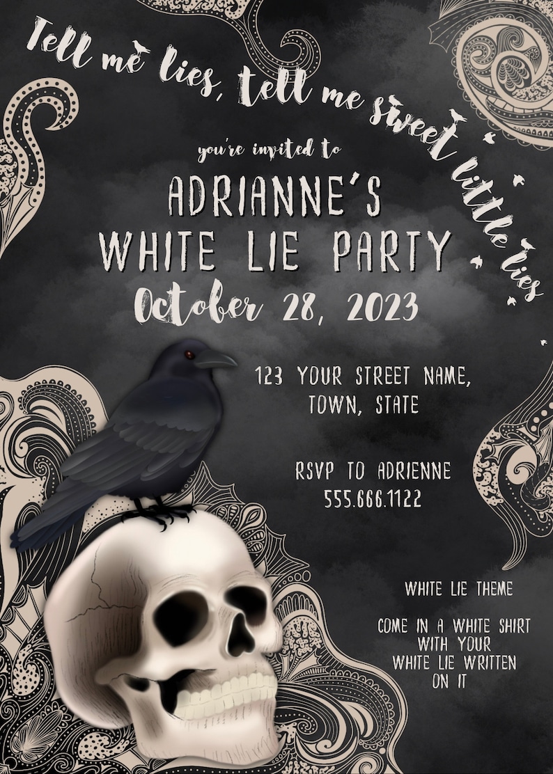 White Lies Party Invitation, Tell Me Lies Invitation, Halloween Invite, White Lie Birthday Theme