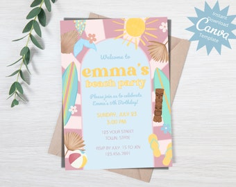 Könnte beinhalten: Eine blaue und rosafarbene Einladung zu einer Strandparty mit einem Surfbrett, einem Tiki-Idol und einer Sonne. Der Text lautet: "Willkommen zur Strandparty von Emma. Bitte feiern Sie mit uns Emmas 5. Geburtstag! Sonntag, 23. Juli, 15:00 Uhr. 123 Your Street, Town, State. RSVP bis zum 15. Juli an Jen 123.456.7891."