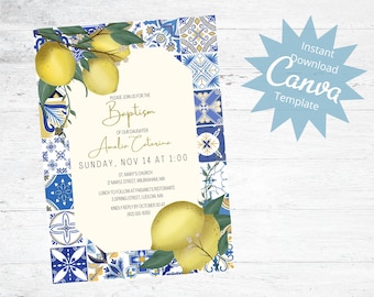 Editable Baptism Invitation, Mediterranean Style Baptism Invite, Italian Style Tile Invitation, Blue and Yellow, Instant Download