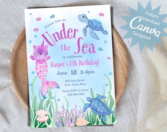 EDITABLE Under the Sea Invitation, Girls Birthday Invitation, Any Age, Mermaid Cat Invite, Purple and Blue Under the Sea, Instant Download