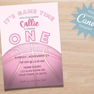 EDITABLE Rookie Year Birthday Invitation, Girls Basketball Birthday, 1st birthday, Rookie Invite, Pink Basketball, Instant Download