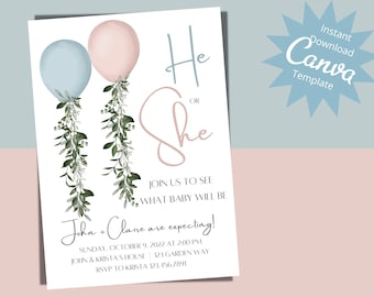 Editable Gender Reveal Party Invitation, Balloon, Floral gender reveal, pink and blue, Boy or Girl, Instant Download, Digital Template