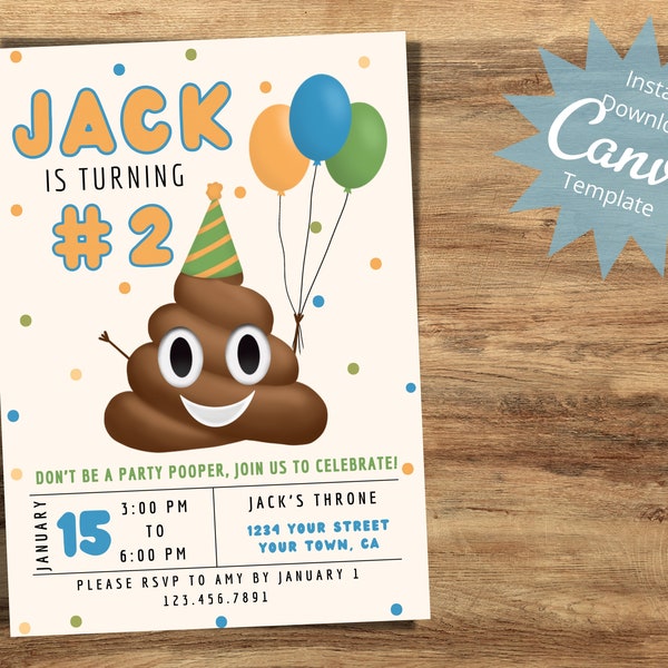 Poop Emoji Birthday Party Invitation, Editable 2nd Birthday Invite, Dont be a Party Pooper, Poop Emoji Invitation, Instant Download Template