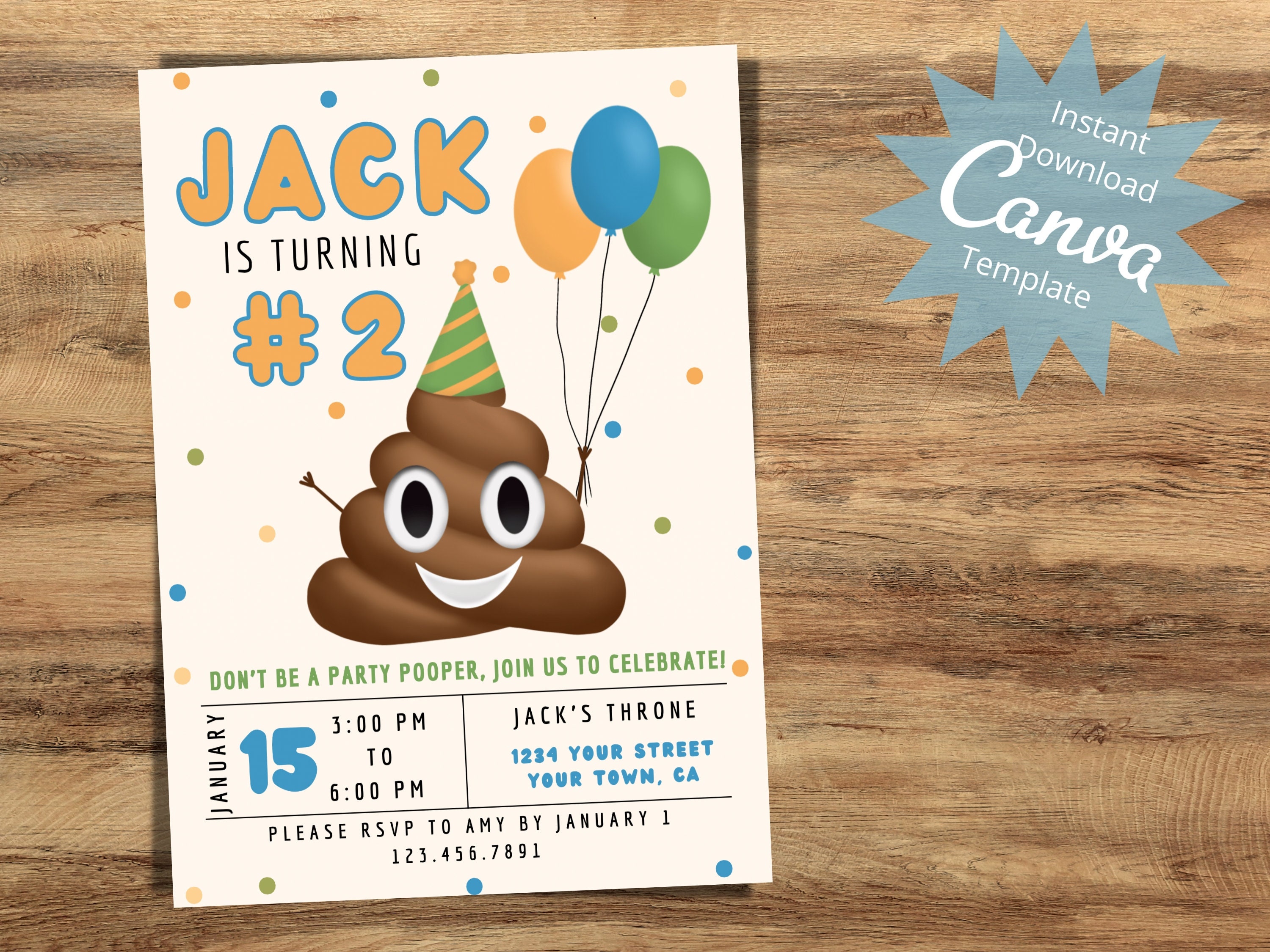 Poop Emoji Birthday Party Invitation, Editable 2nd Birthday Invite