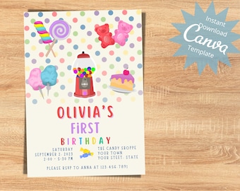 Editable Candy Invitation, Sweet Celebration Birthday Invite, Polka Dot Candy Invite, Candyland Birthday Invite, Instant Download Template