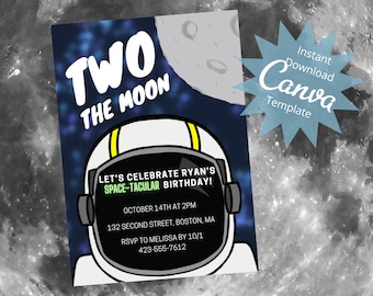 Editable Kids Birthday Invitation, 2nd Birthday, Space Party Invite, Birthday Party Invitation, Two the Moon, Instant Download