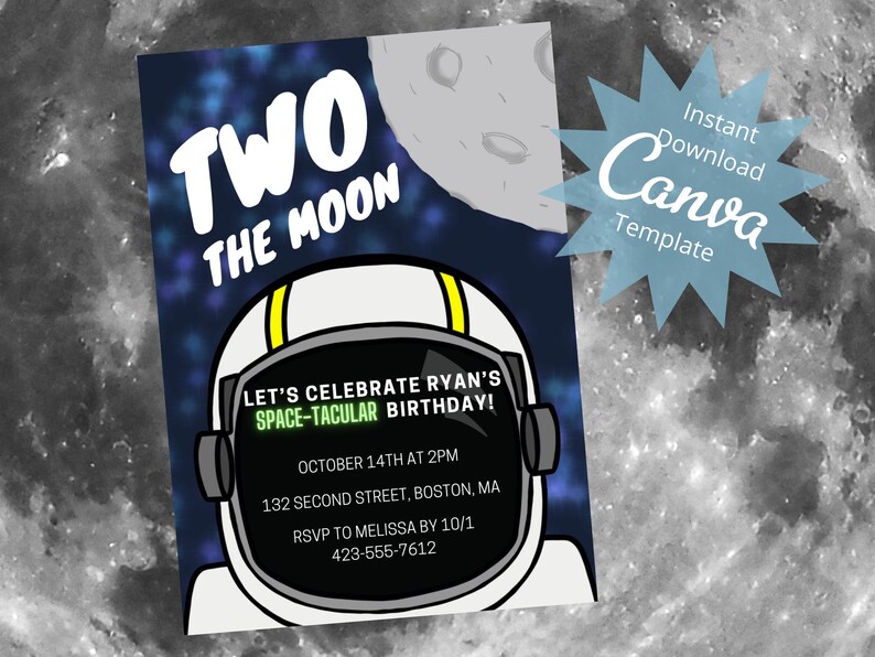 Editable Kids Birthday Invitation 2nd Birthday Space Party Invite Birthday Party Invitation Two the Moon Instant Download