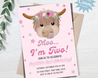 Moo I’m 2 Birthday Invitation, Girls 2nd Birthday Invite, Floral Cowgirl, Nashville Birthday Barnyard Birthday, Editable Instant Download