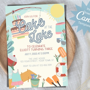 Cake at the Lake Birthday Invitation, Lake Theme Birthday Invite, Summer Birthday Invite, Any Age Gender Neutral, Editable Instant Download