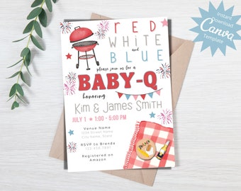 Baby Q Invitation, 4th of July Baby Q Invite, Red White and Blue Baby Q, 4th of July Baby Shower Invite, Printable Editable Instant Download