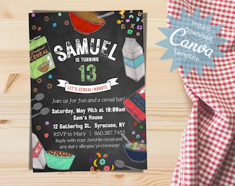 Editable Cereal Bar Birthday Invitation, Kids Party Invite, Breakfast Party, Cereal Party, Unique Birthday Party Theme, Instant Download