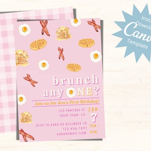 Bearbeitbare erste Geburtstagseinladung, Brunch Jeder, Brunch-Geburtstagsfeier, Frühstück, Baby Mädchen 1. Geburtstag, Sofortdownload-Vorlage