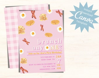 Editable First Birthday Invitation, Brunch Anyone, Brunch Birthday Party, Breakfast, Baby Girls 1st Birthday, Instant Download Template