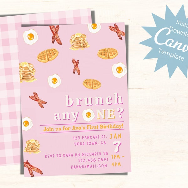 Editable First Birthday Invitation, Brunch Anyone, Brunch Birthday Party, Breakfast, Baby Girls 1st Birthday, Instant Download Template