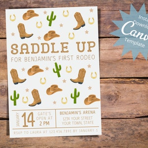 May include: A white invitation with a gold border and a western theme. The invitation says "Saddle Up for Benjamin's First Rodeo" and includes details about the event, including the date, time, and location. The invitation is decorated with a pattern of cowboy boots, horseshoes, cacti, and stars.