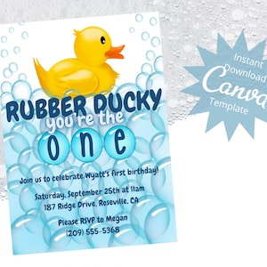 Editable Kids Birthday Invitation, 1st Birthday, Rubber Ducky Party, First Bday Event, Instant Download