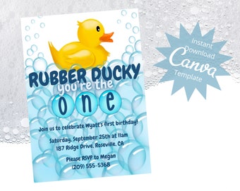 May include: A blue and white birthday invitation with a yellow rubber ducky floating in a tub of bubbles. The text reads "Rubber Ducky You're the One" and includes details for Wyatt's first birthday party.