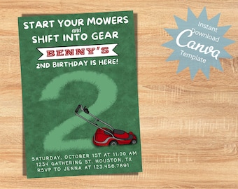 Editable Kids Birthday Invitation, 2nd Birthday, Lawnmower Invitation, Boy Birthday Party Invite, Start your Engines, Instant Download
