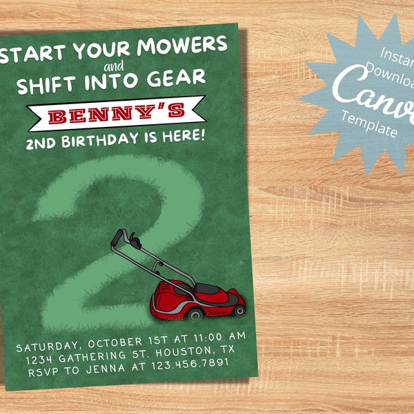 Editable Kids Birthday Invitation, 2nd Birthday, Lawnmower Invitation, Boy Birthday Party Invite, Start your Engines, Instant Download