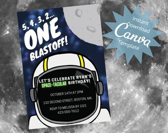 Editable Kids Birthday Invitation, 1st Birthday, Space Party Invite,  3,2,1 Blastoff, Instant Download