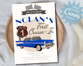 Boys Vintage Car 1st Birthday Invitation, First Cruise-In Birthday, Retro Birthday Invite, Blue Vintage Car, Printable Instant Download