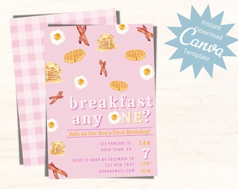 Editable First Birthday Invitation, Breakfast Anyone, Breakfast Birthday Party, Brunch, Baby Girls 1st Birthday, Instant Download Template