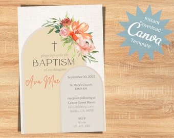 Editable Boho Baptism Invitation, Girls Baptism Invite, Floral Boho Invitation, Pink and Orange Floral Invite, Instant Download