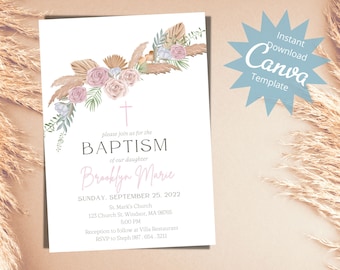 Editable Boho Baptism Invitation, Baby Girl Baptism, Watercolor Flower Invite, Religious Invitation Template, Digital, Instant Download