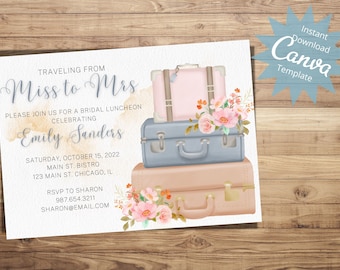 Traveling from Miss to Mrs, Editable Bridal Shower Invitation, Luggage Invite, Watercolor, Adventure Theme Bridal Shower, Instant Download