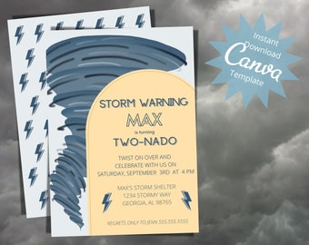 Tornado Birthday Party Invitation, Editable 2nd Birthday Twister Invite, Two Nado Kids Party, Boys Storm Party, Instant Download Template