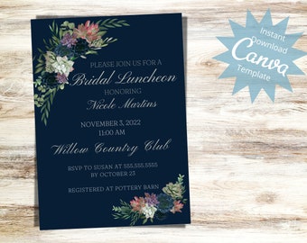 Bridal Luncheon Invitation, Navy Fall Invitation, Succulents, Elegant Bridal Shower Invite, Wedding Shower Invite, Instant Download Template