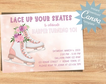 Ice Skating Birthday Invitation, Girls Skating Party, Kids Ice Skating Invite, Pink Ice Skates Invitation, Editable Invite, Instant Download