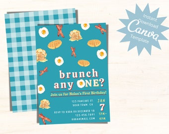 Invitación editable para primer cumpleaños, brunch para cualquier persona, brunch para fiesta de cumpleaños, desayuno, primer cumpleaños de bebé varón, plantilla de descarga instantánea